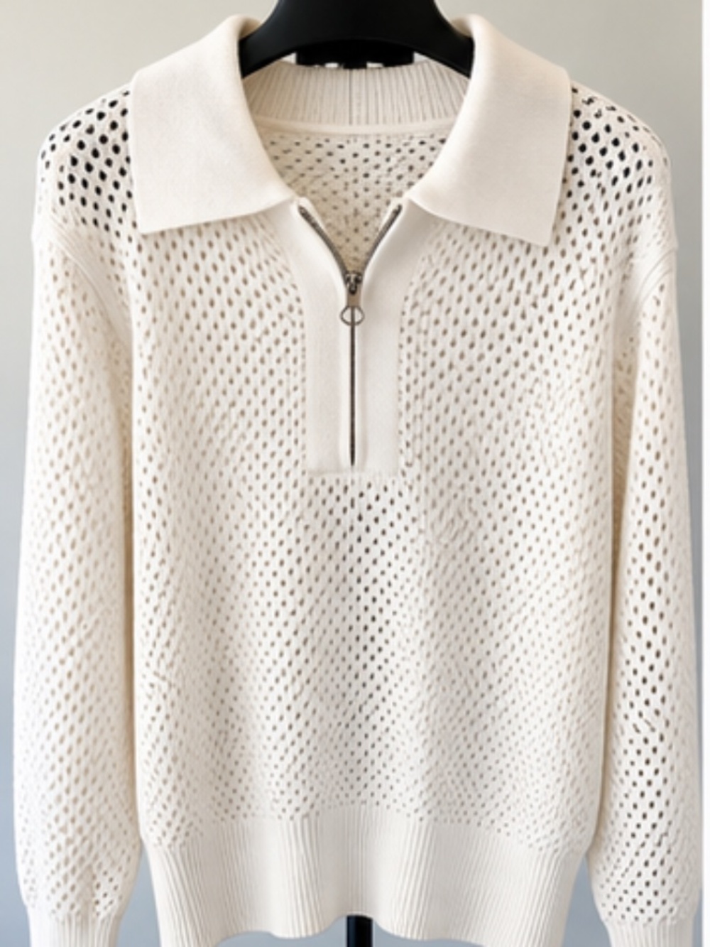 White Crochet Open Knit Half Zip Collared Sweater XL (Brand: Doshoop)